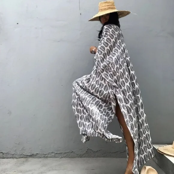 Grays Feather Foil Leaf Bohemian Gypsy Kaftan With Side Slit, Leaf Print - Picture 2 of 7